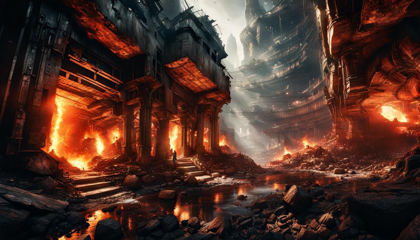 Fiery Underground City: Hyperrealistic Digital Watercolor