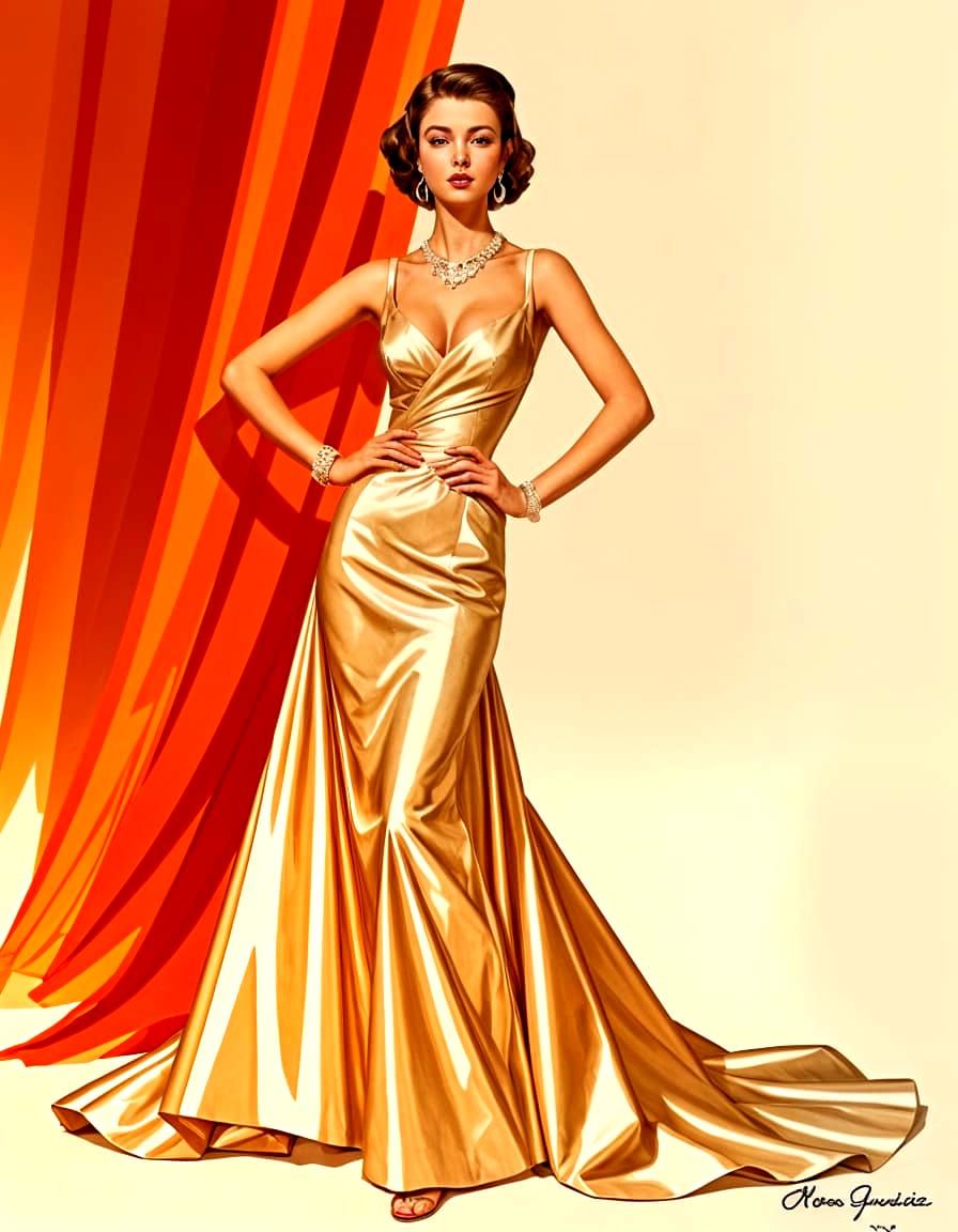 Glamorous Greek Woman in Elegant Satin Gown - 1950s Style