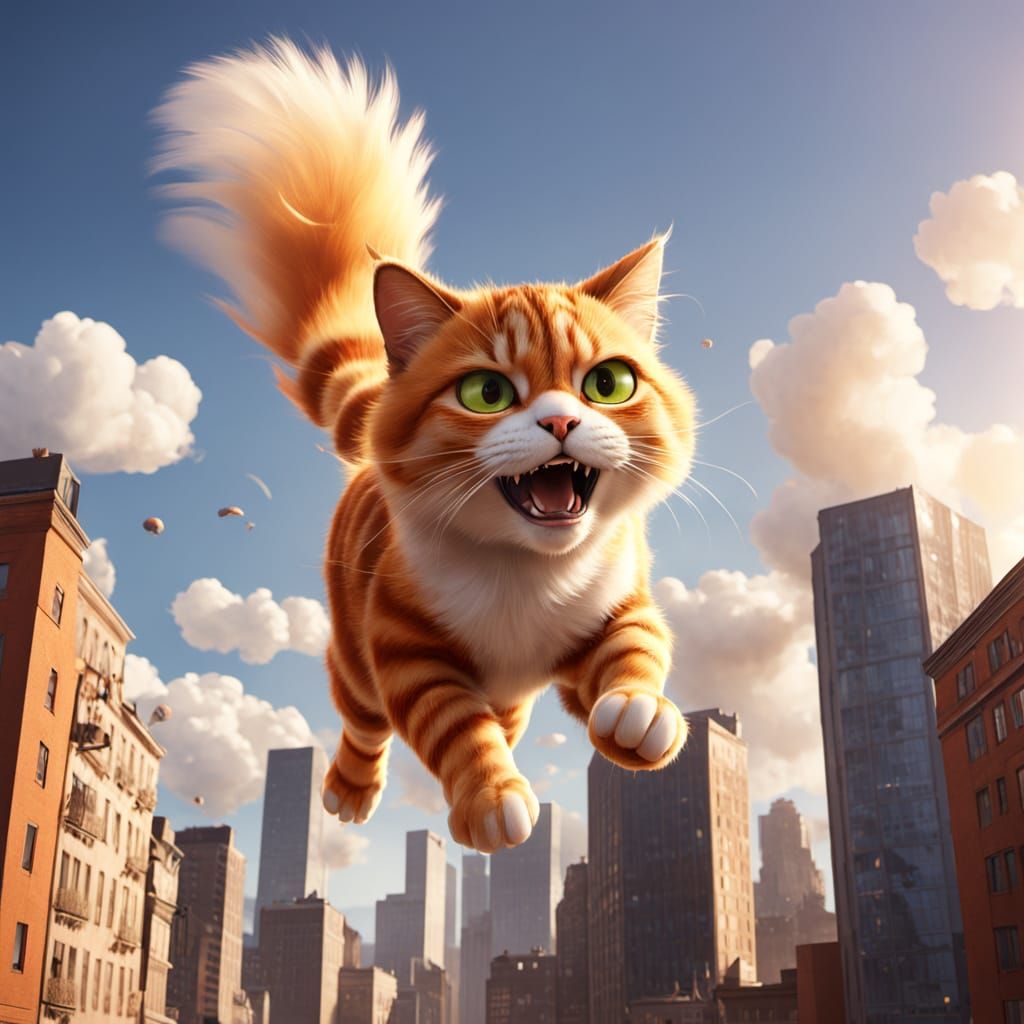 Giant Striped Cat Leaps Across City Roofs
