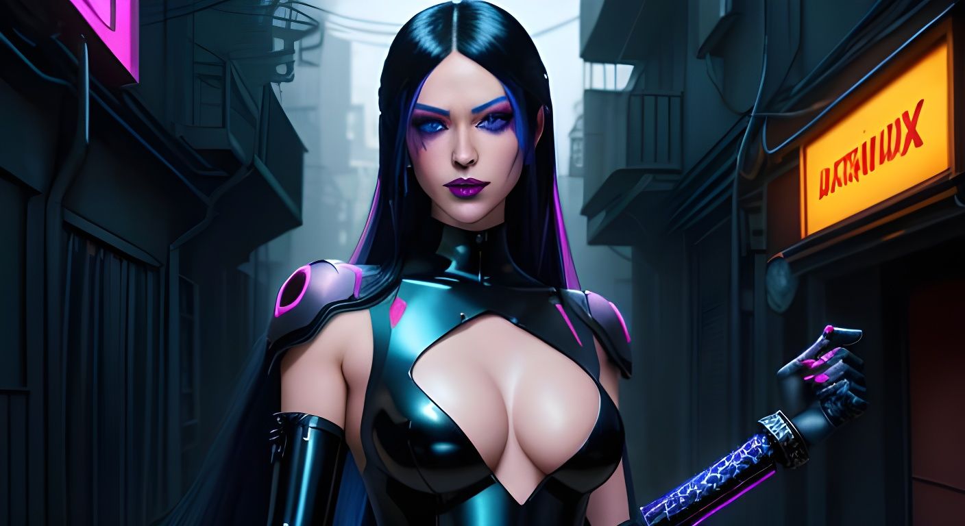 Cyberpunk Woman with Katana in Neon Alley