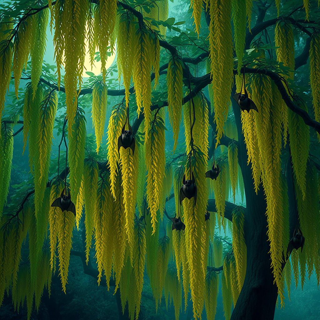 Laburnum Tree with Bats, Dreamlike Concept Art