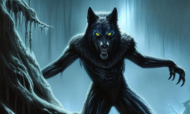 Realistic Black Demon Wolf in Visceral Landscape
