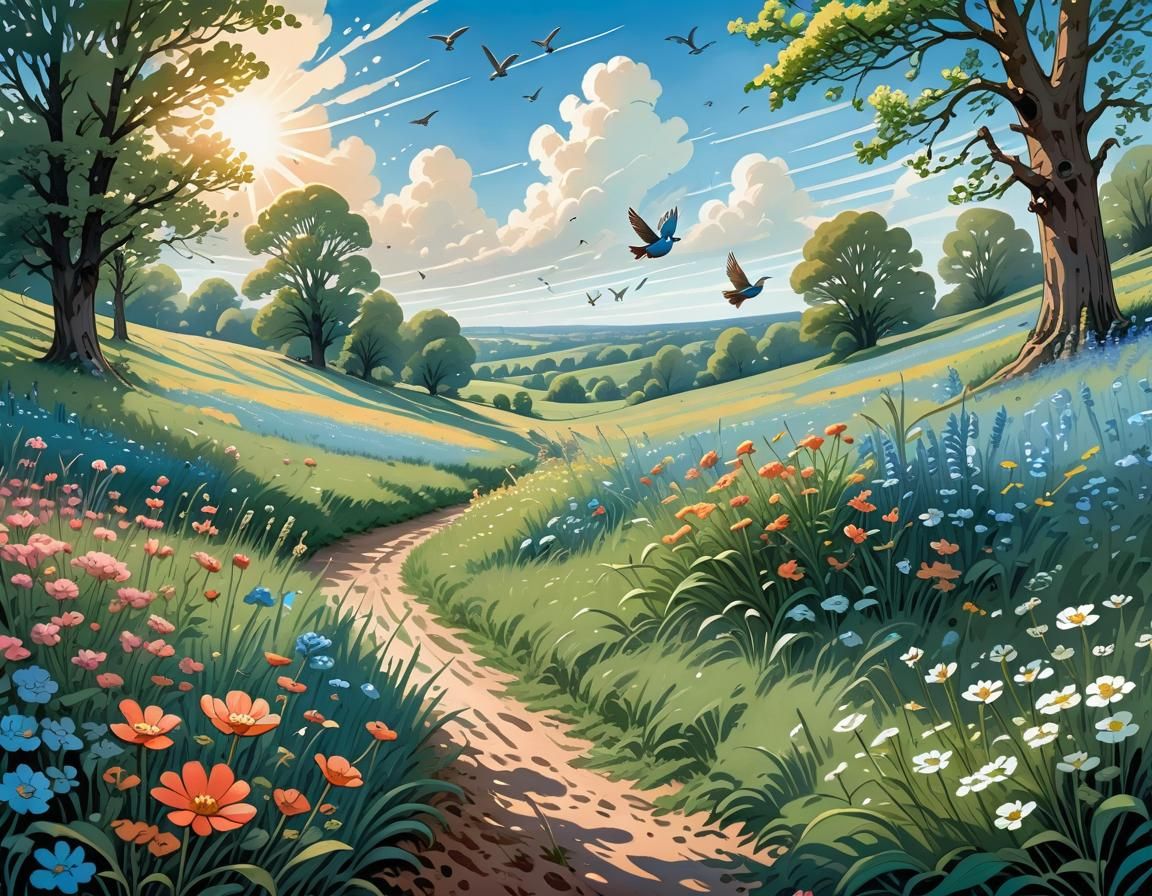 Spring Meadow Landscape in Gouache and Watercolor