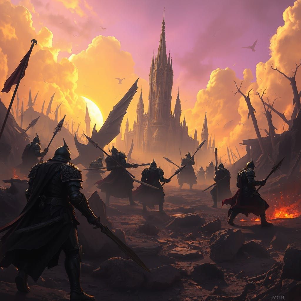 War-Torn Dark Fantasy Landscape in Cyberpunk Aesthetic