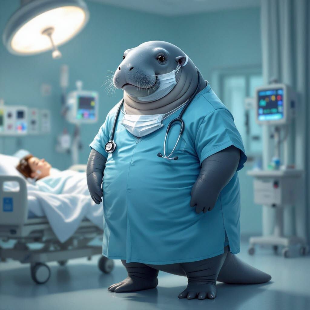 Happy Manatee Surgeon in Hospital Bed Scene