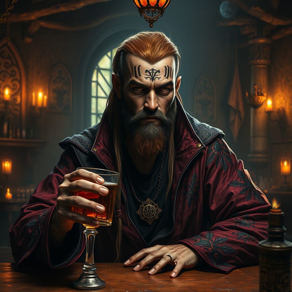 Mysterious Dark Sorcerer in Candlelit Tavern