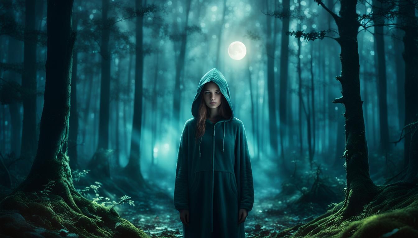 Hooded Girl in Moonlit Forest with Artifact