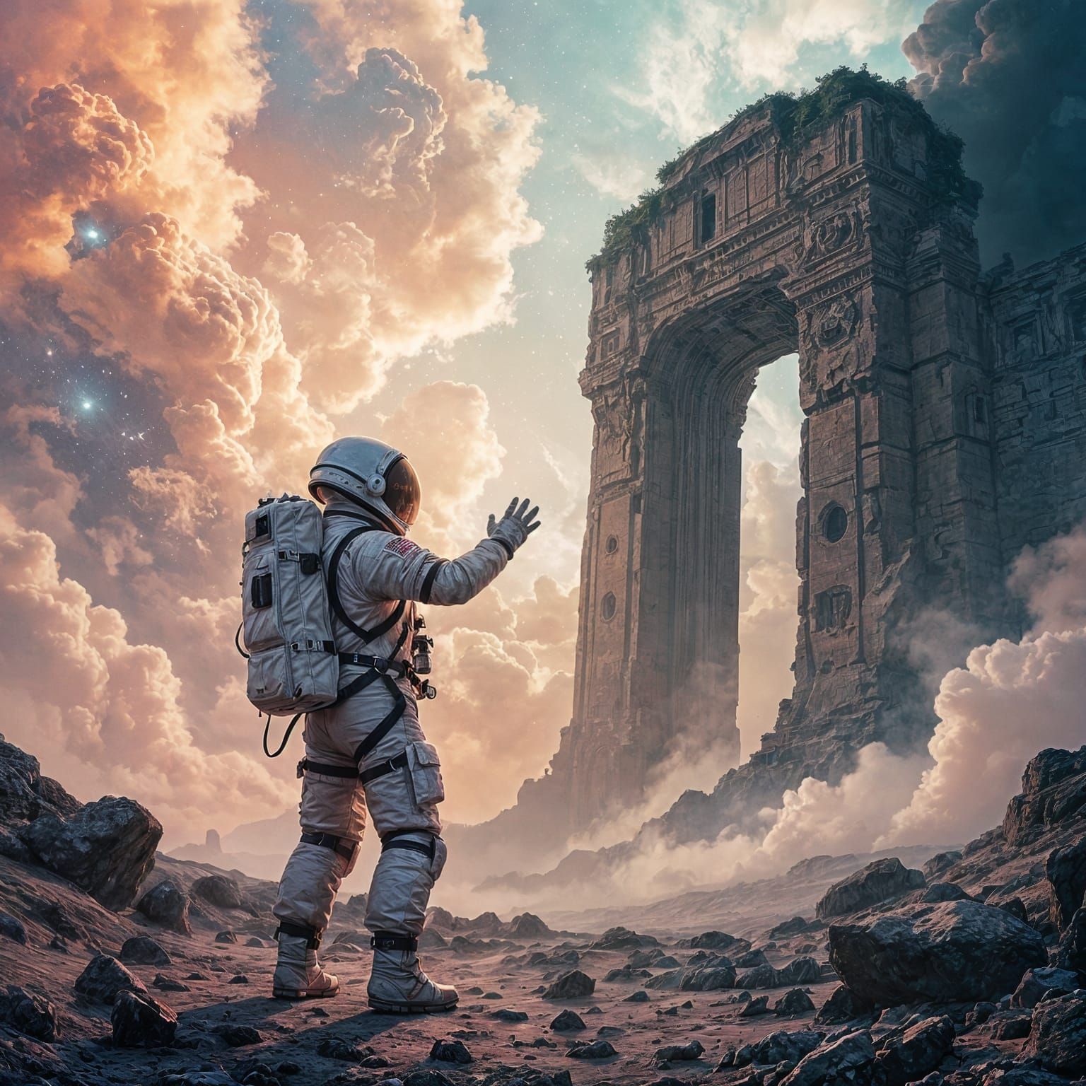 Astronaut Adrift in Nebula Reaching for Ancient Ruin