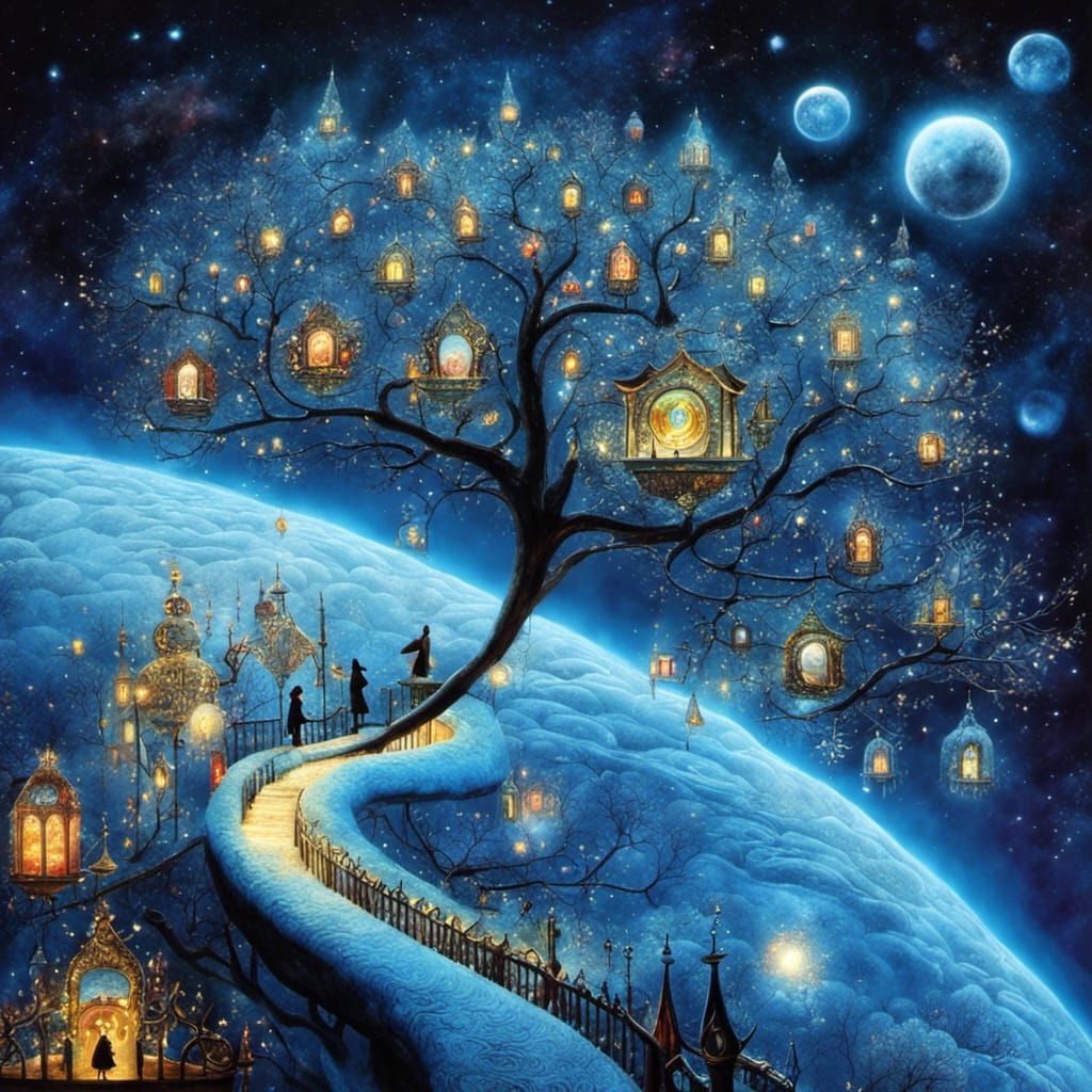 Glowing Stained Glass Mosaic Yggdrasil in Surreal Style