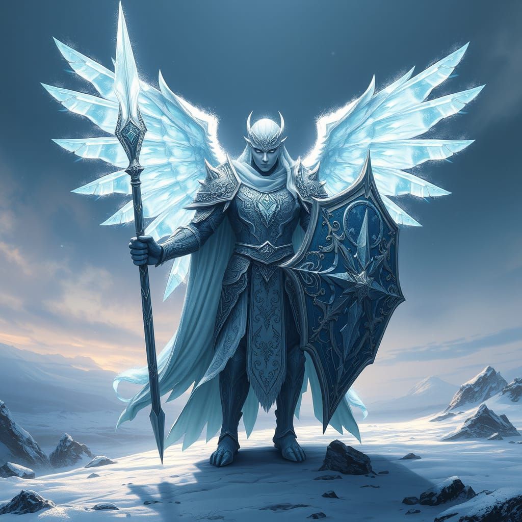 Frostborn Sentinel Descends Amidst Snowy Battlefield