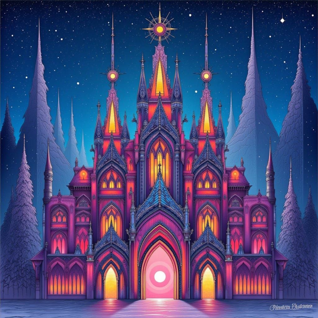 Cybernetic Gothic Megastructure in Digital Watercolor Style