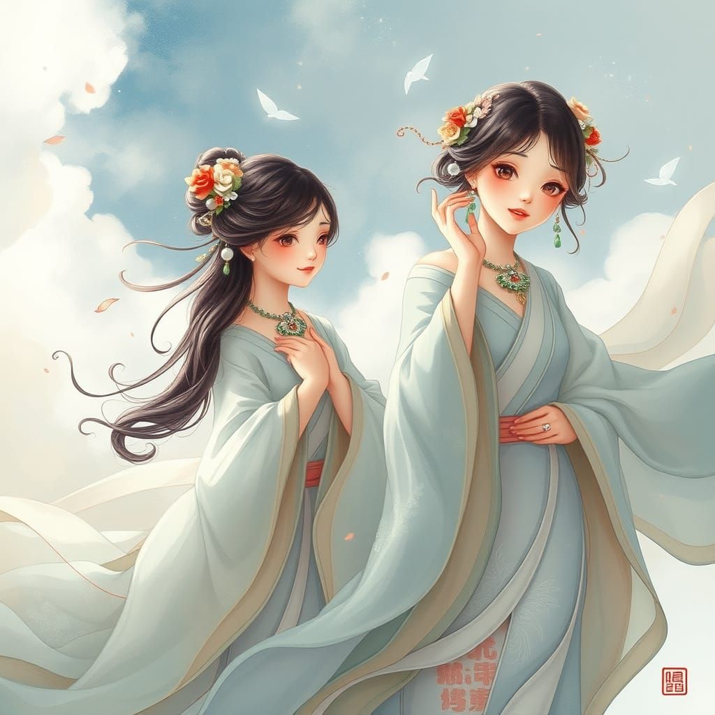 Delicate Chinese Goddesses in Whimsical Watercolor Style