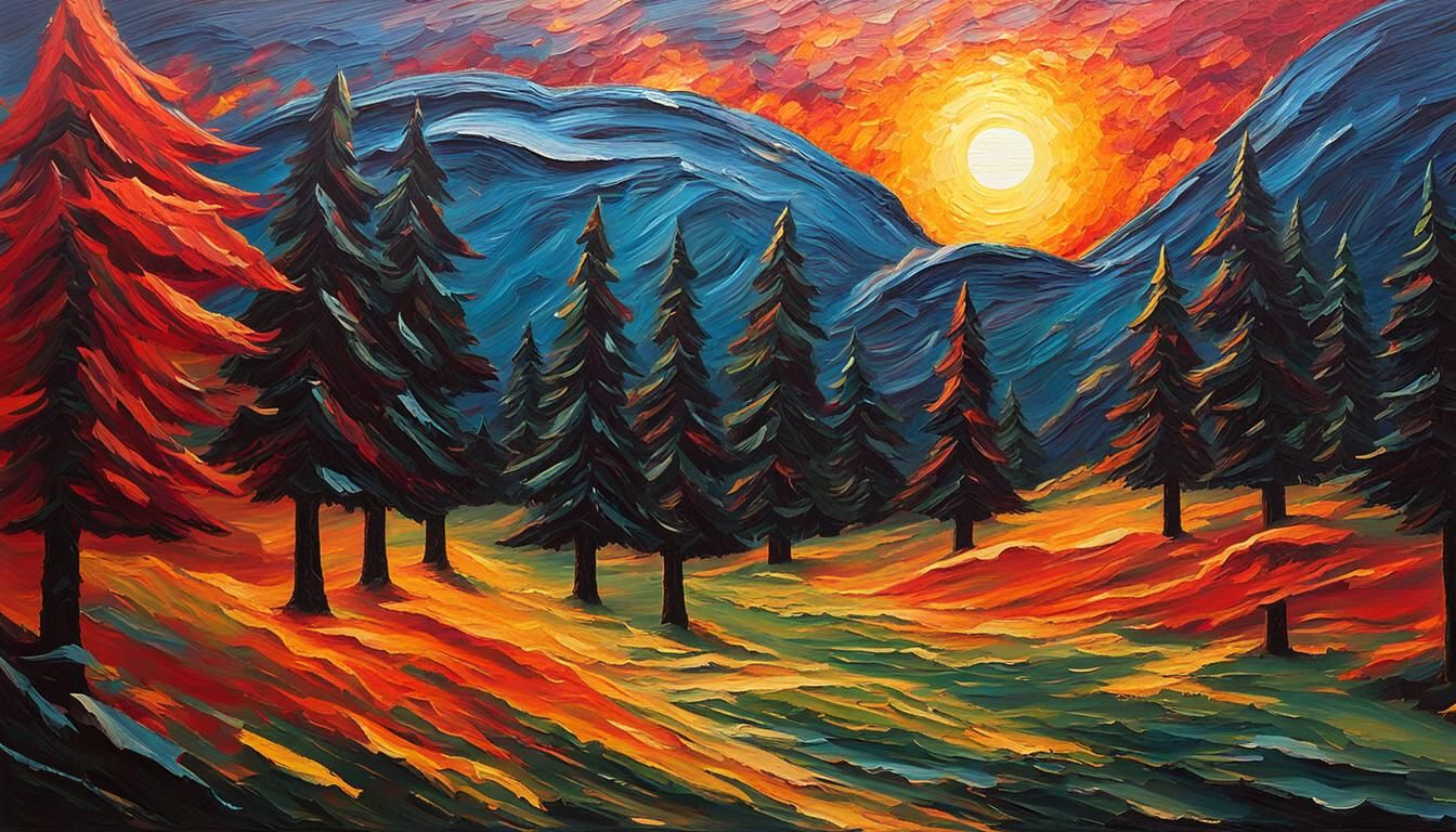 Mysterious Forest Sunset as Impasto Painting