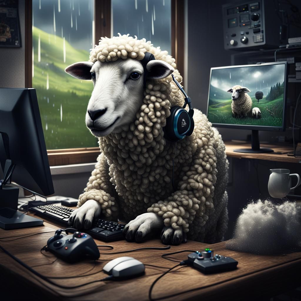 Hyperrealistic Gamer Sheep at Computer in the Rain