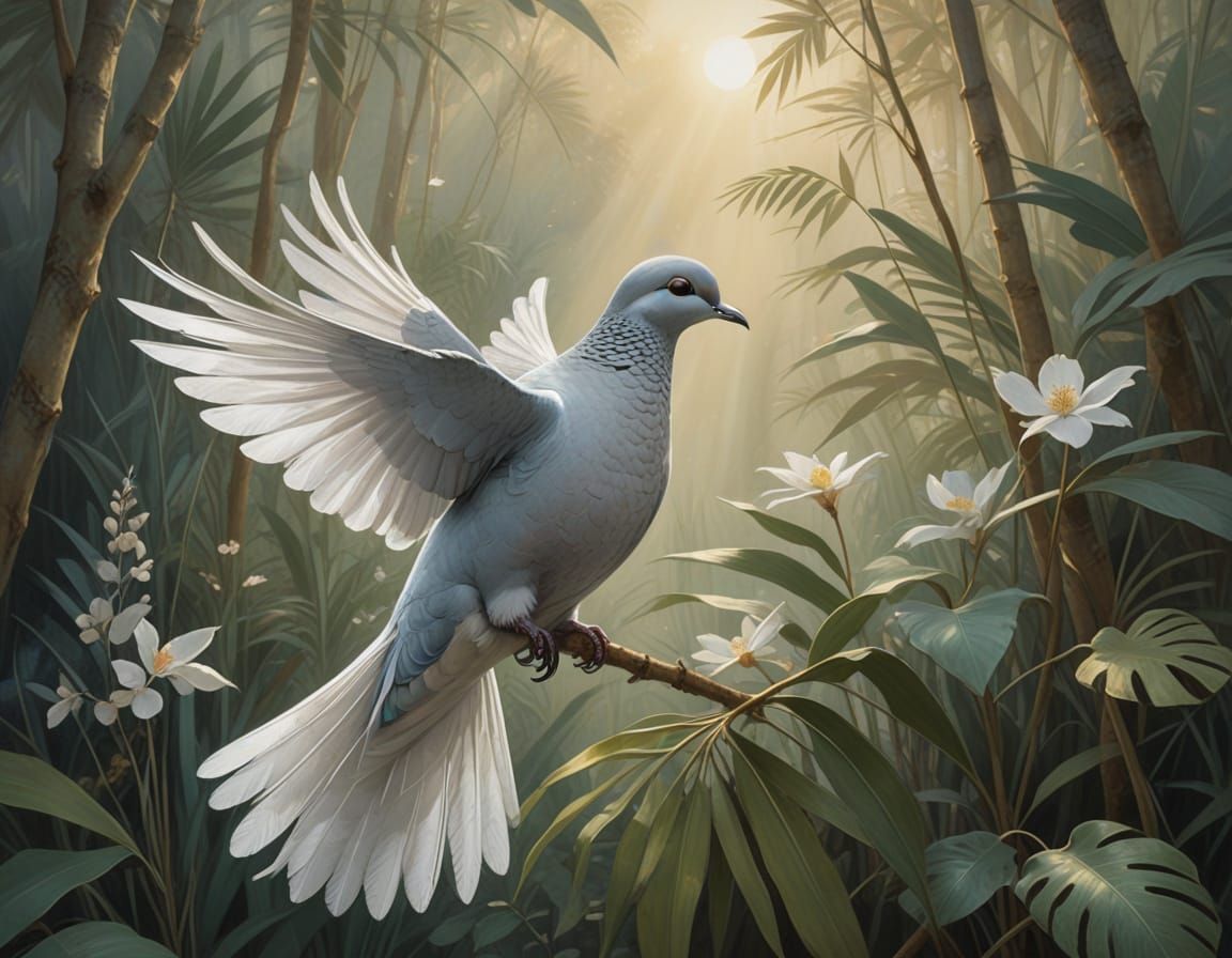 Serene Dove in Gentle Flight with Palm Frond