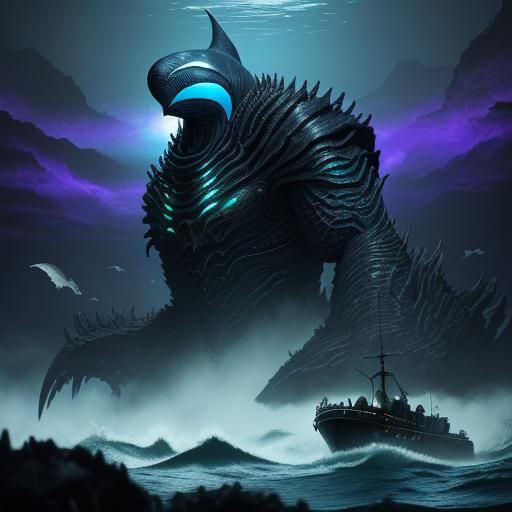 Orca-like Leviathan in Bioluminescent Ocean Depths