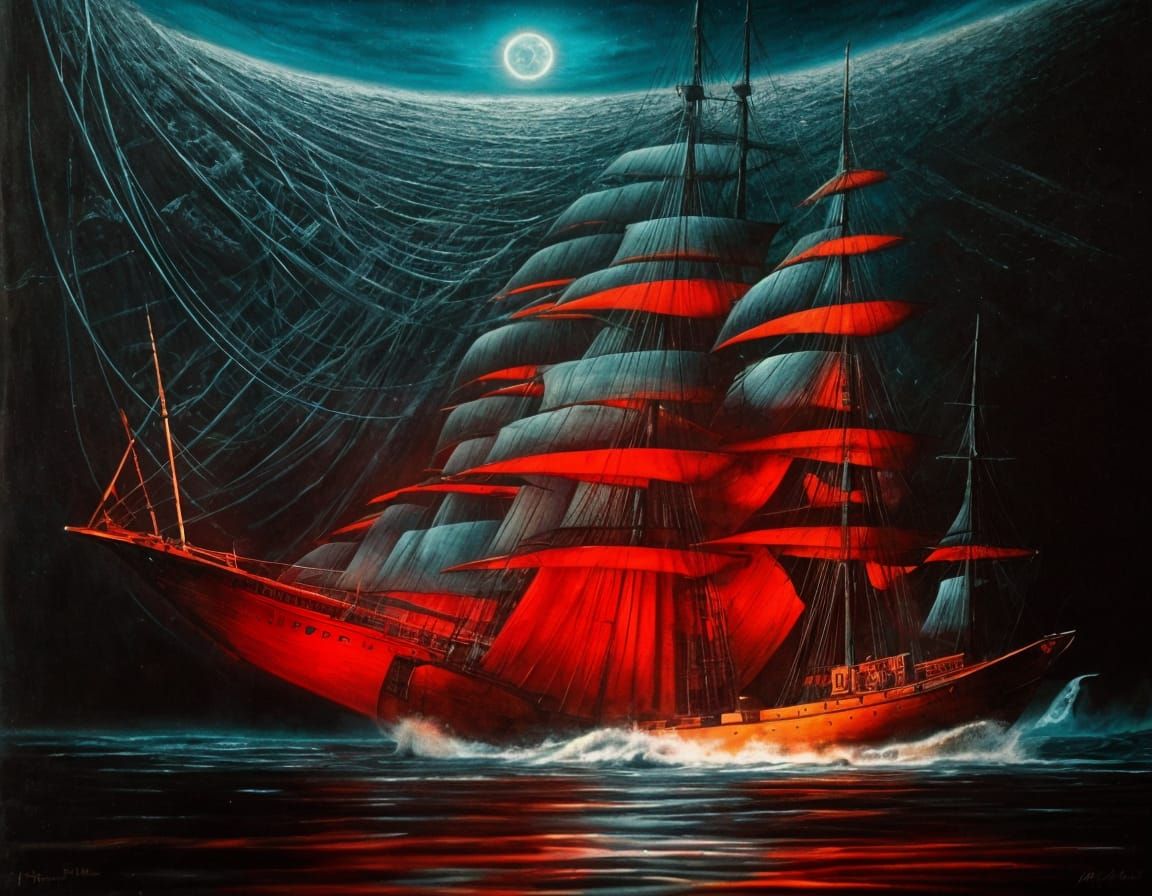 Ghost Ship in Dark Surreal Night