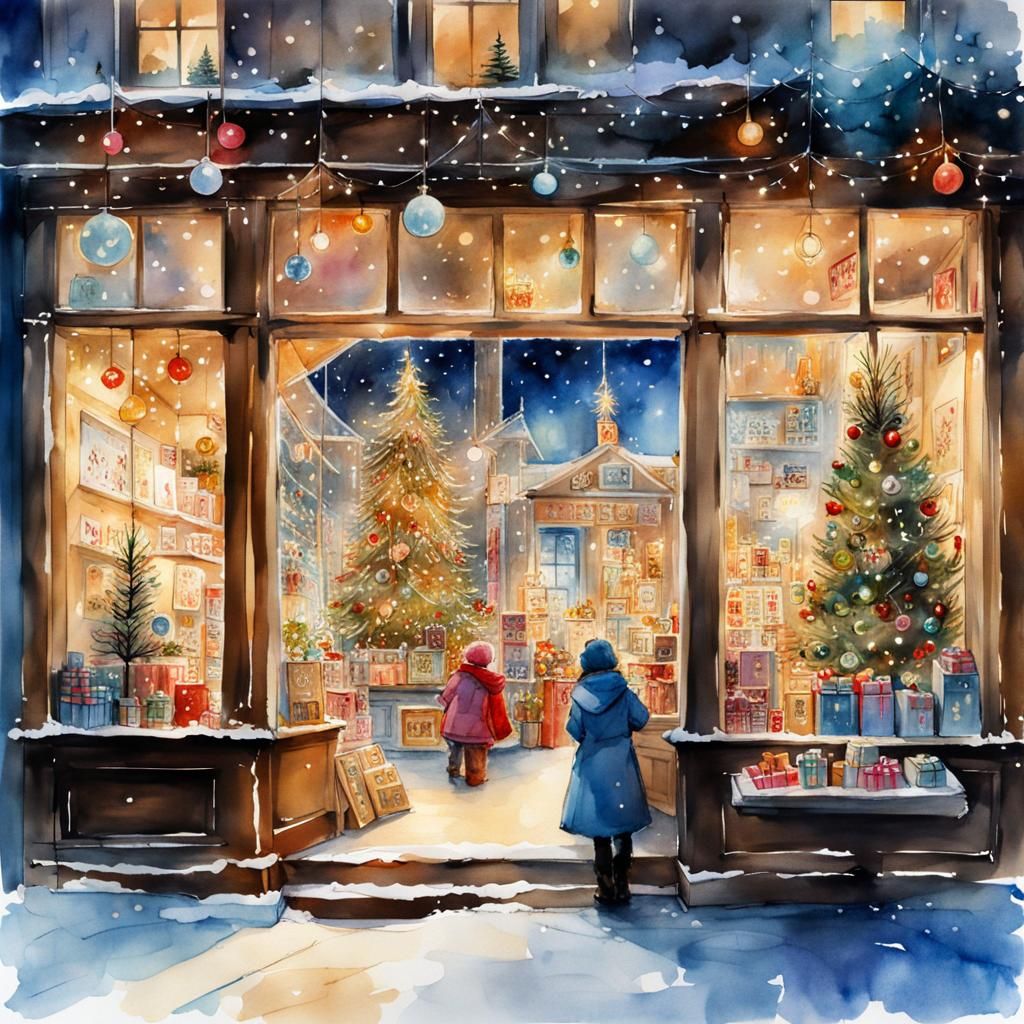 Christmas Toy Store in Watercolor Style