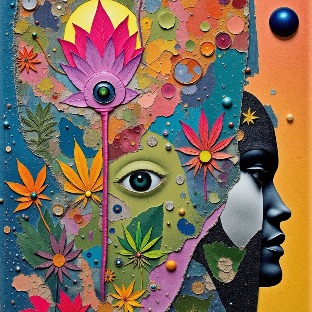 Ethereal Fantasy Collage with Abstract Leaves and Lotus Flow...