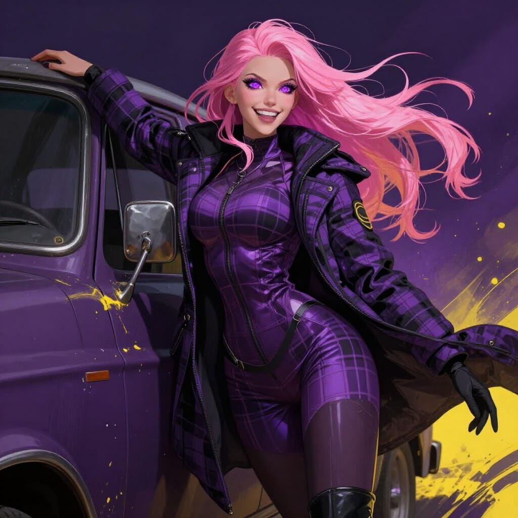 Pink Haired Woman With Hourglass Figure Poses With Old Truck