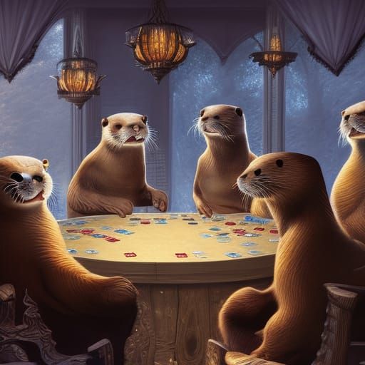 River otters playing cards