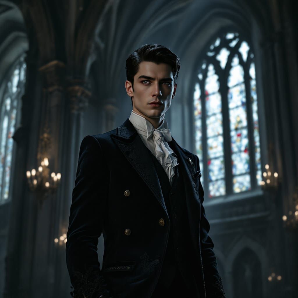 Aristocratic Man in Gothic Suit in Castle