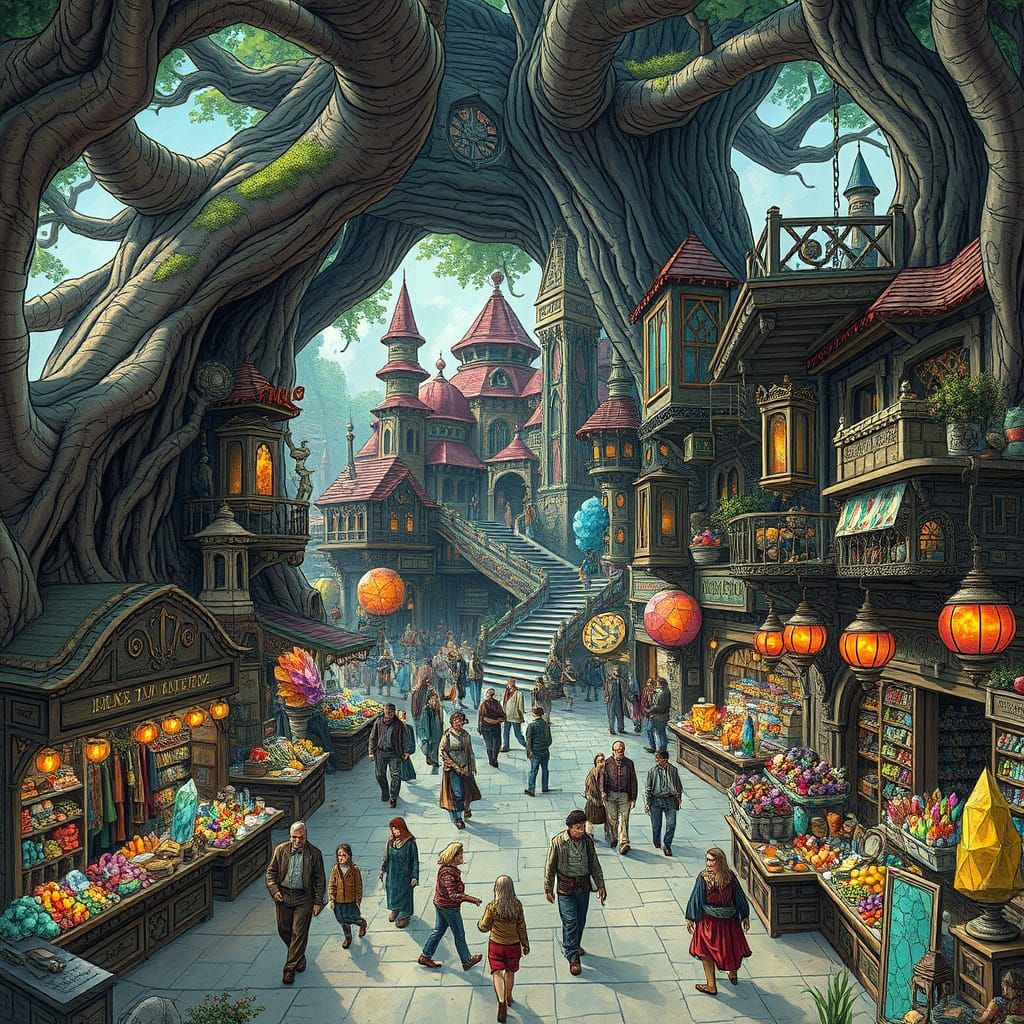 Surreal Tree City Marketplace in Escherian Style