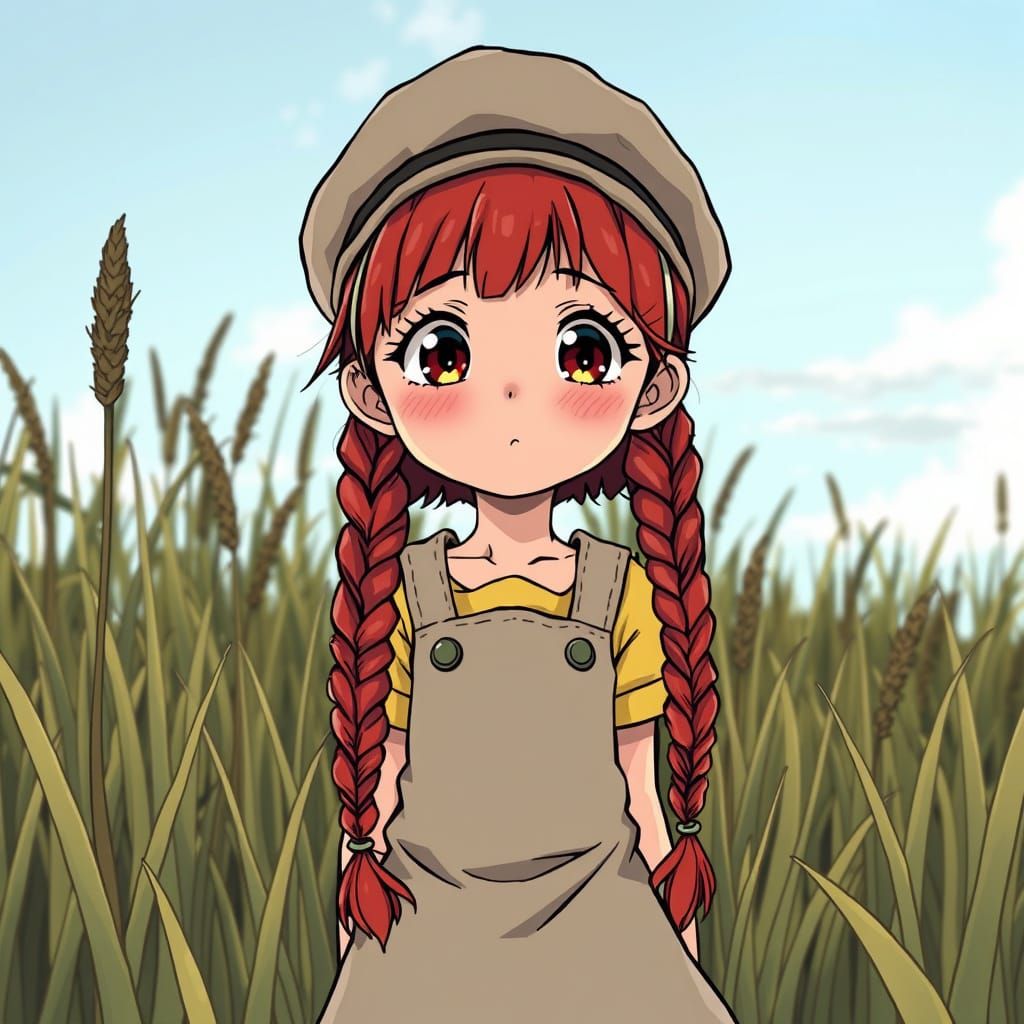 Anime-Style Portrait of Freckled Girl with Red Braids