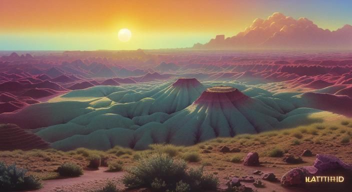 Surreal Desert Landscape in Vaporwave Style