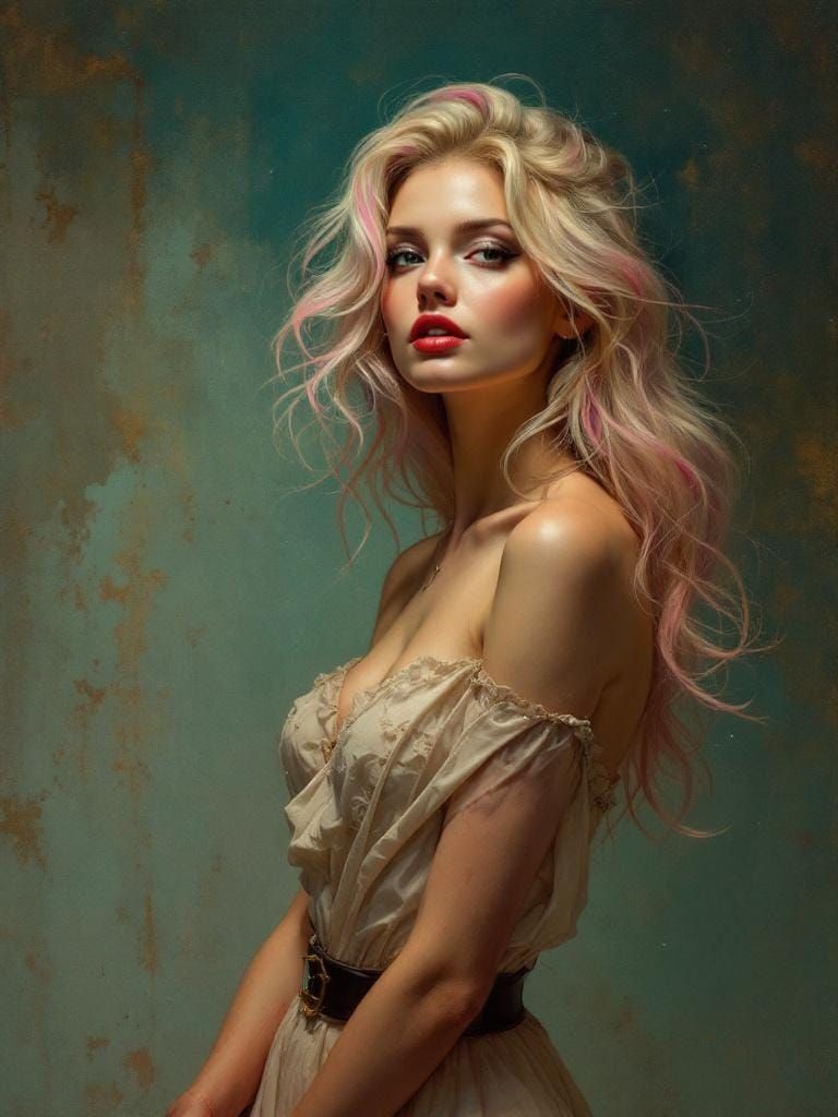 Futuristic Pin-Up with Pink Hair in Art Nouveau Style