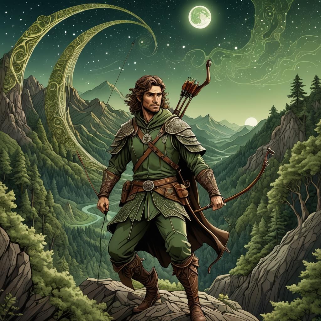 Half-Elven Archer in Forested Mountains, Digital Art