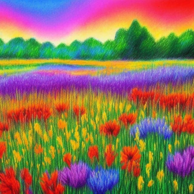 Pastel Crayon Flower Meadow Art