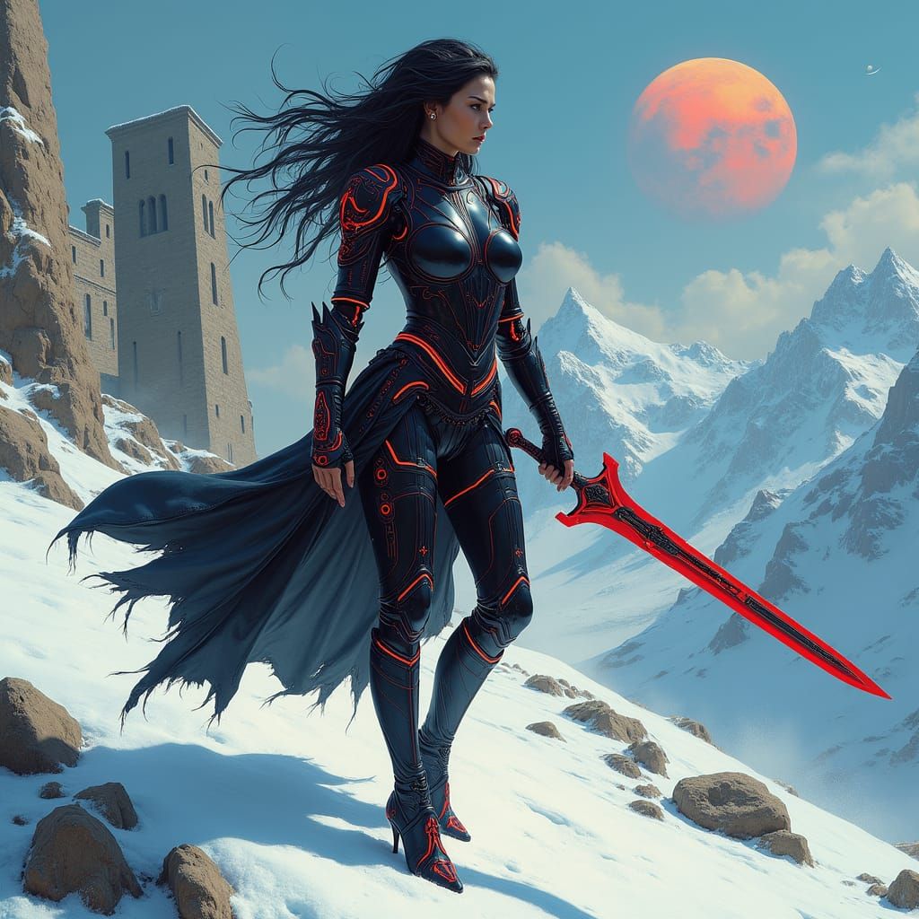 Cyberpunk Cyborg in Snowy Landscape, Sorayama Style