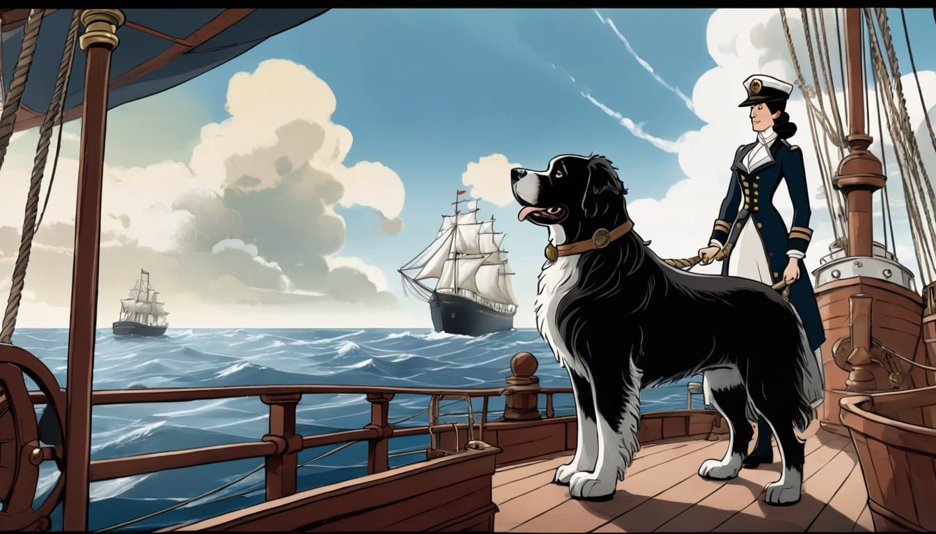 Merchant Ship Captain and Her Loyal Newfoundland at the Helm