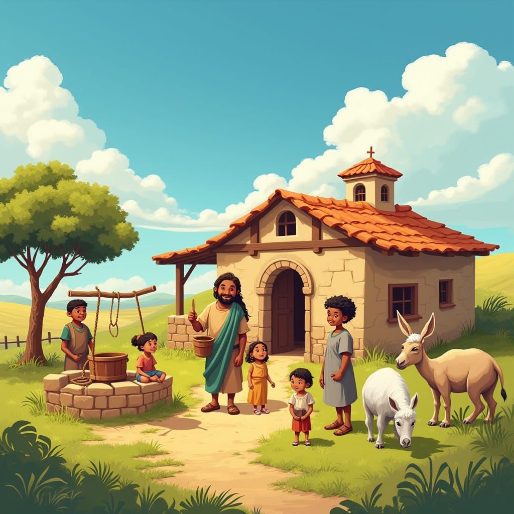 Sunny Farm Scene with Job and Family in Earthy Colors