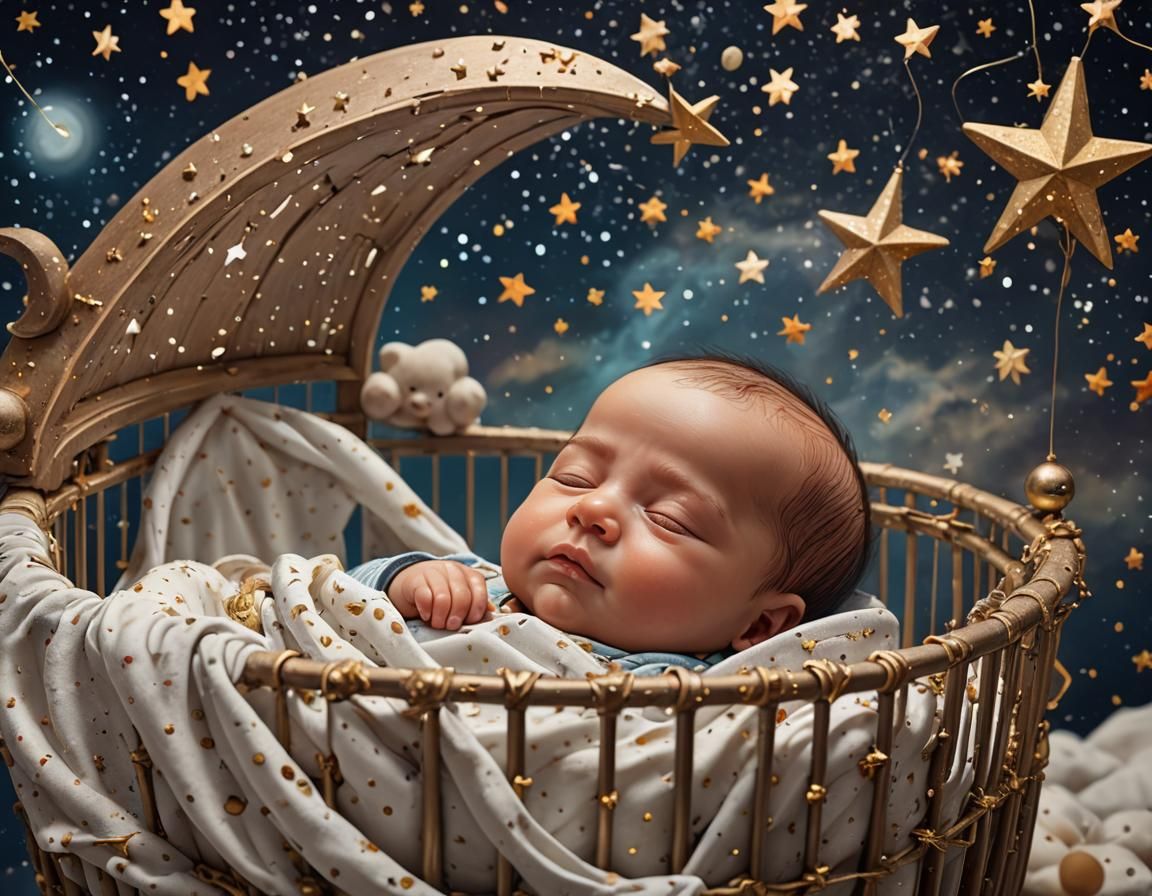 Hyperrealistic Baby Asleep on the Moon with Stars