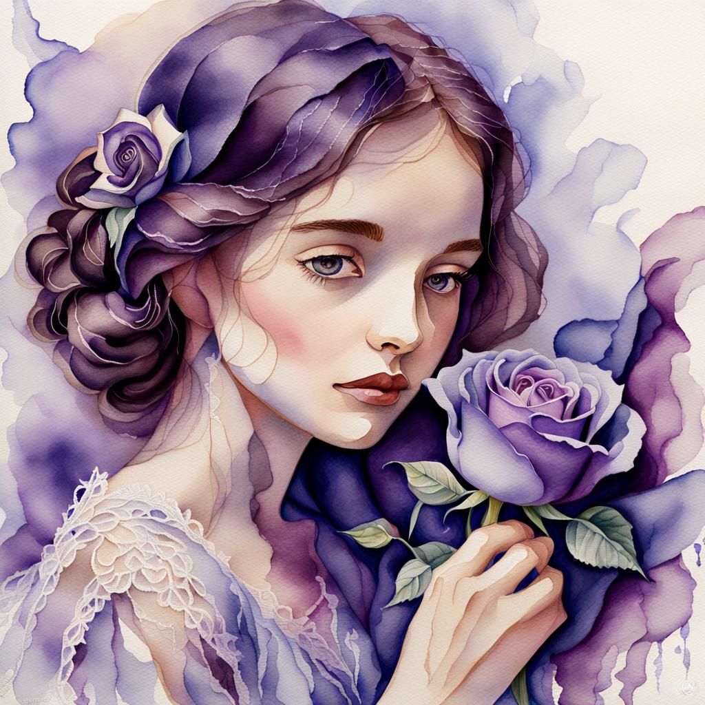 Ethereal Watercolor Portrait of a Woman with a Purple Rose
