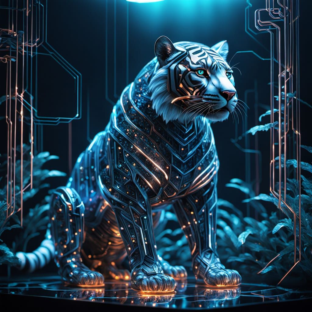 Crystal Tiger in Bioluminescent Cyberpunk Jungle