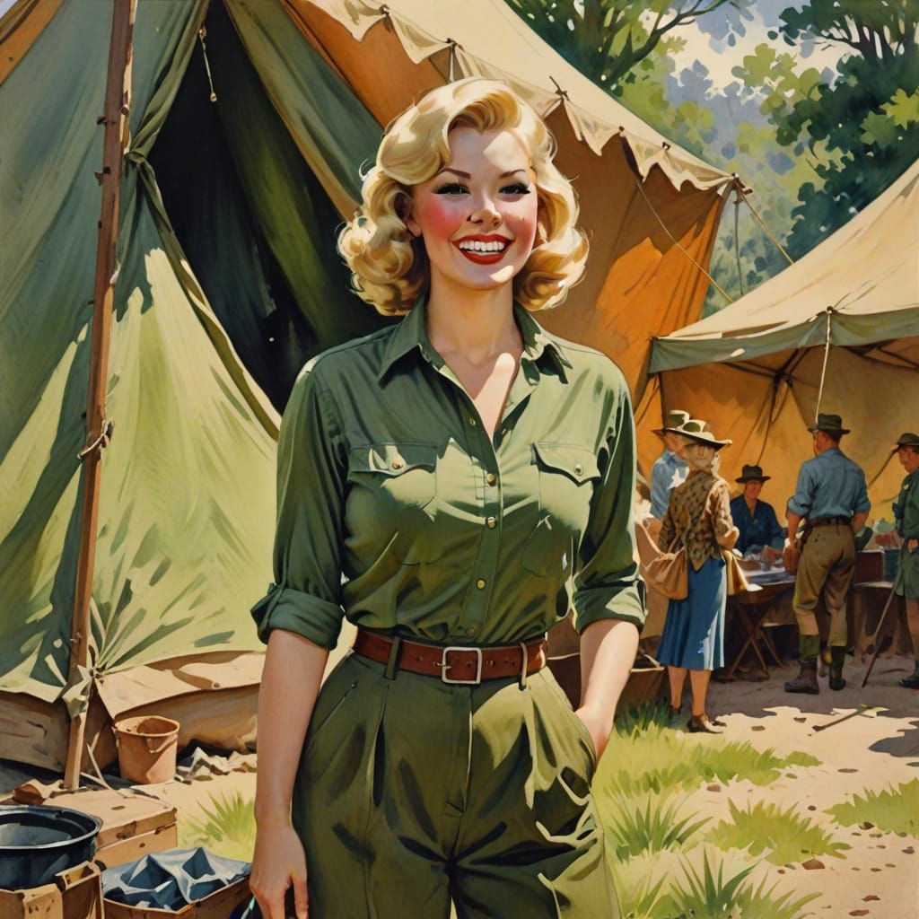 Watercolor Portrait of Woman in Retro Style