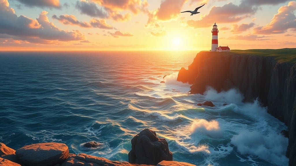 Dramatic Coastal Sunrise in Cyberpunk Style