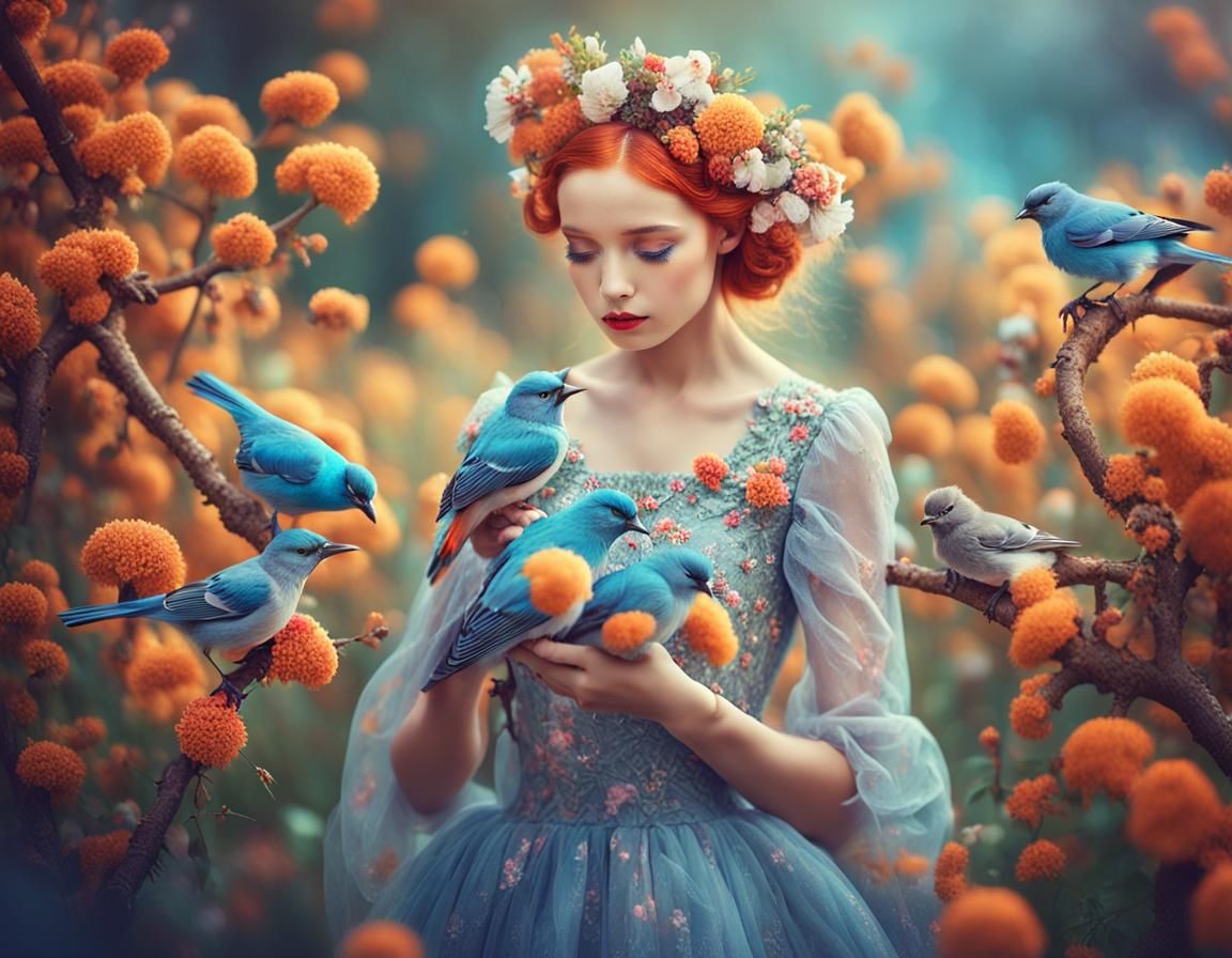 Fantasy Summer Photo of Birds and Flowers