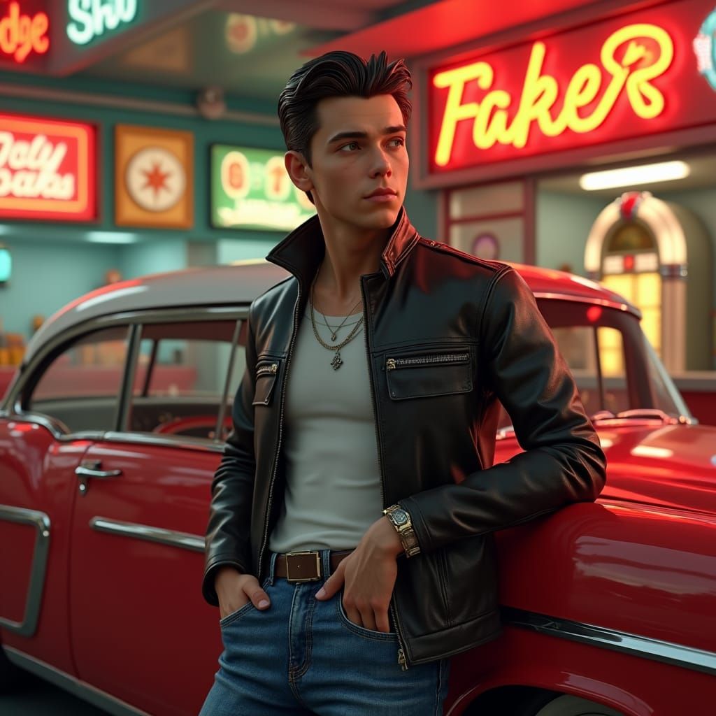 Cool 1950s Scene with Retro Diner and Vintage Car