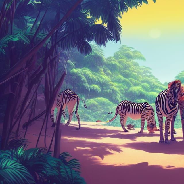 Tropical Beach Jungle Animals in Ghibli Anime Style