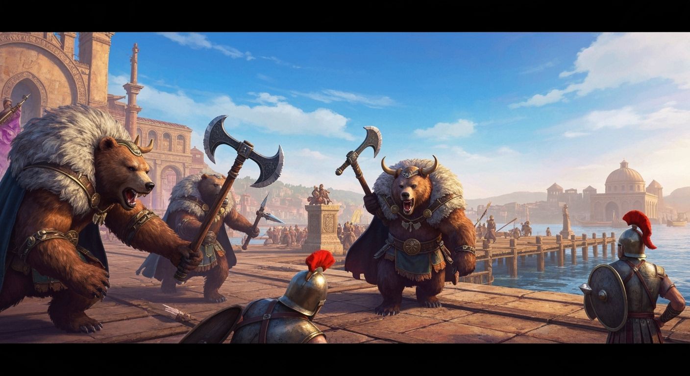 Anthropomorphic Bears Clash with Romans in Grimdark Harbor