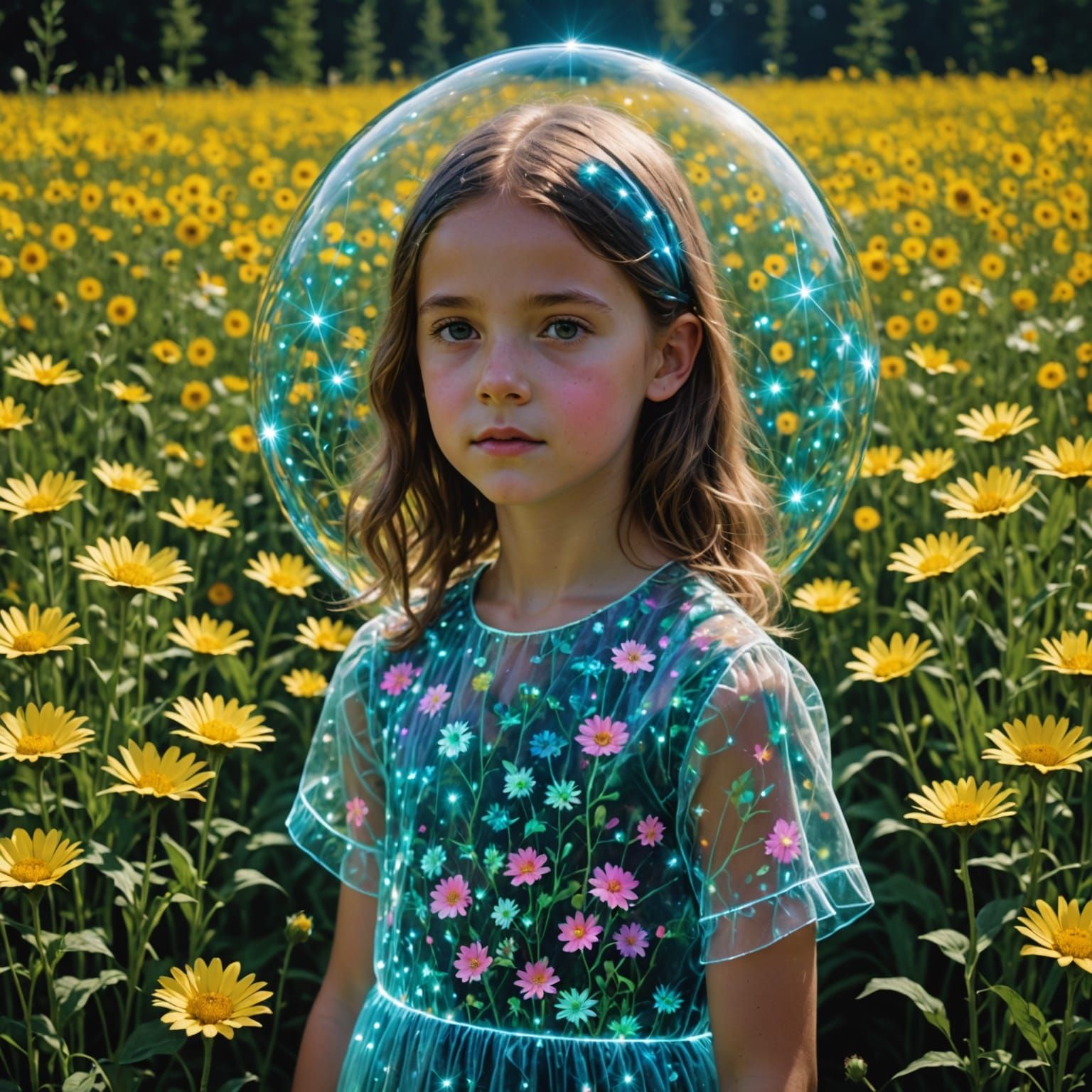 Glowing Hologram Girl in a Vibrant Floral Field