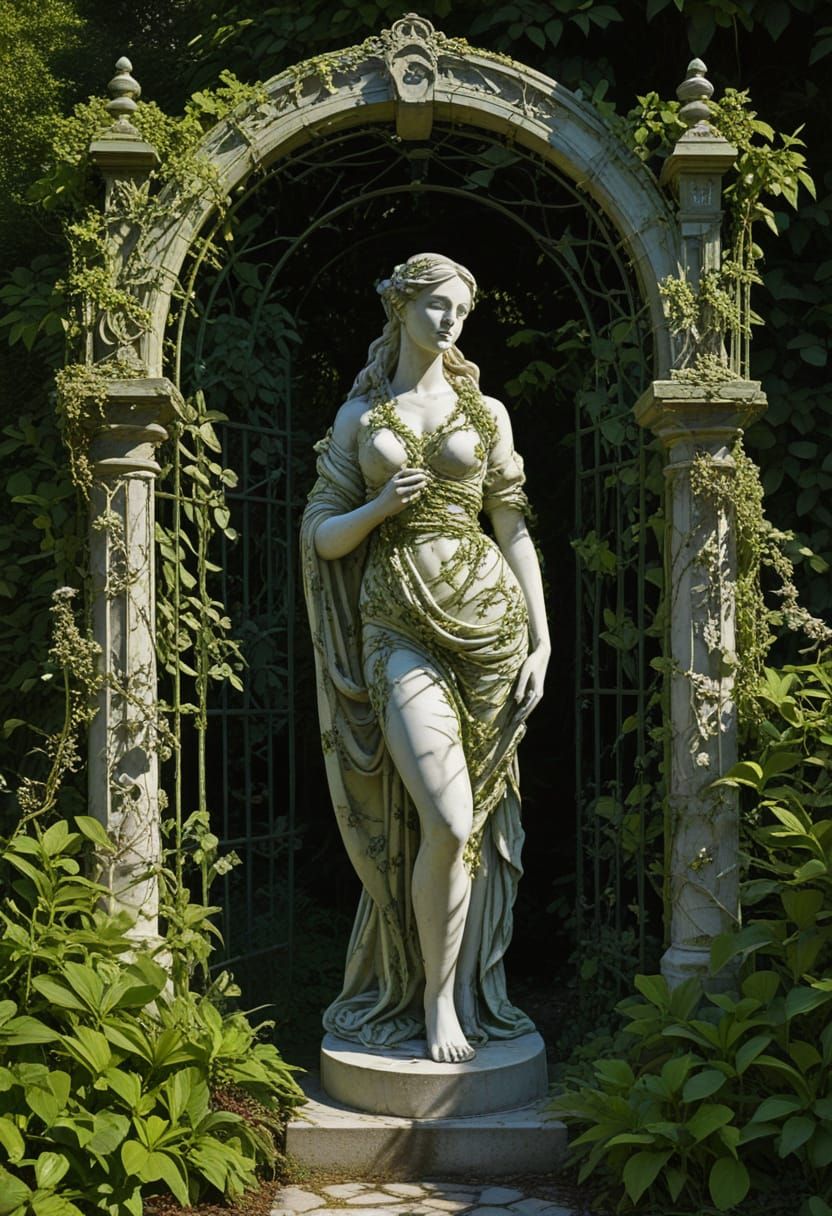 Marble Garden Sculpture of Woman with Moss and Flowers
