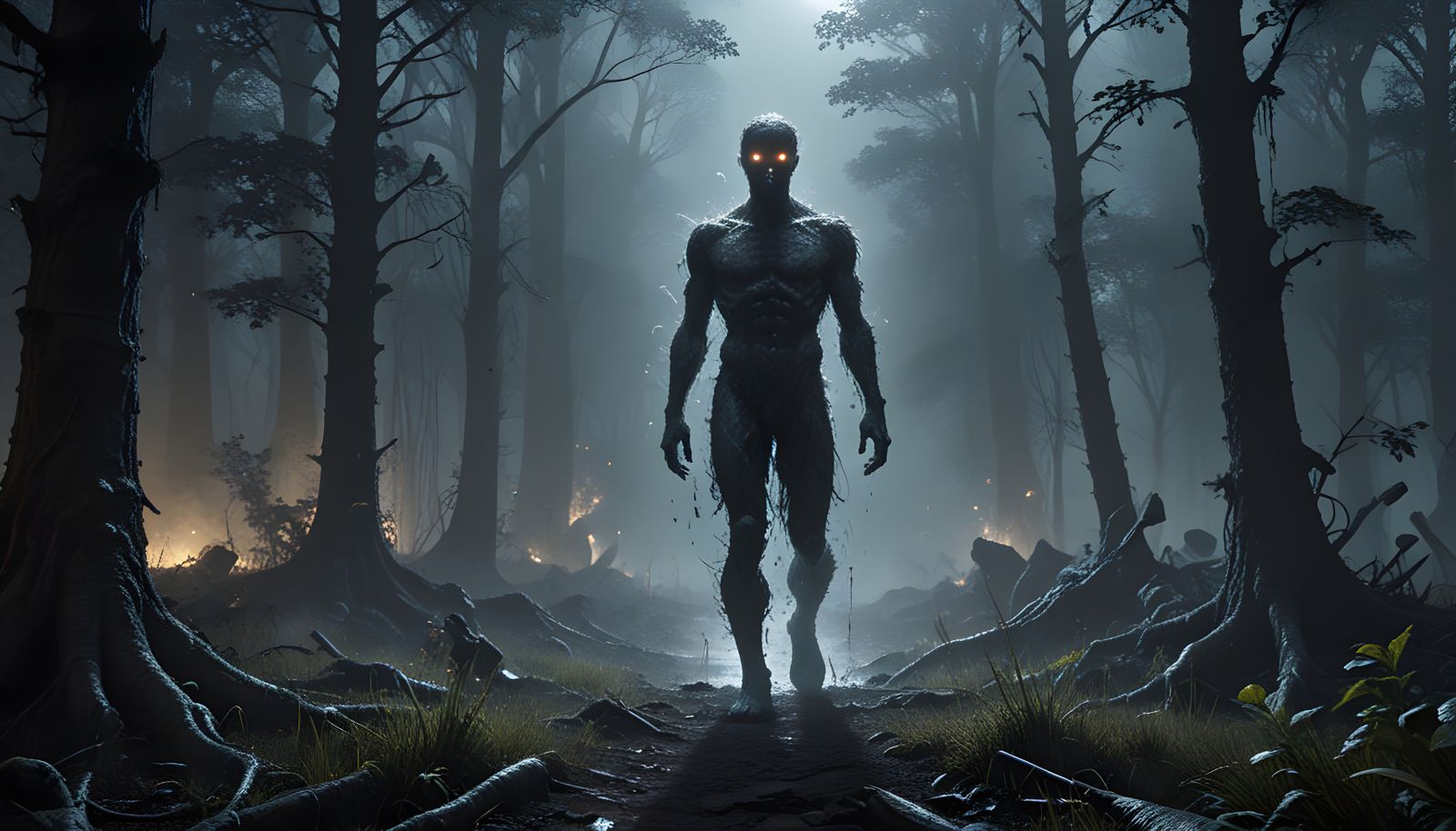 Distorted Shadow Figure Emerges from Forest Nightmares in Cy...