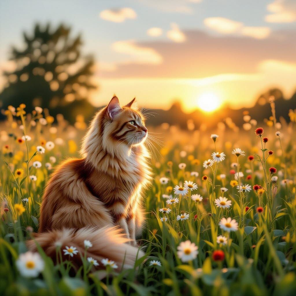 Ginger Cat in Wildflower Field at Sunset, Impressionist Styl...