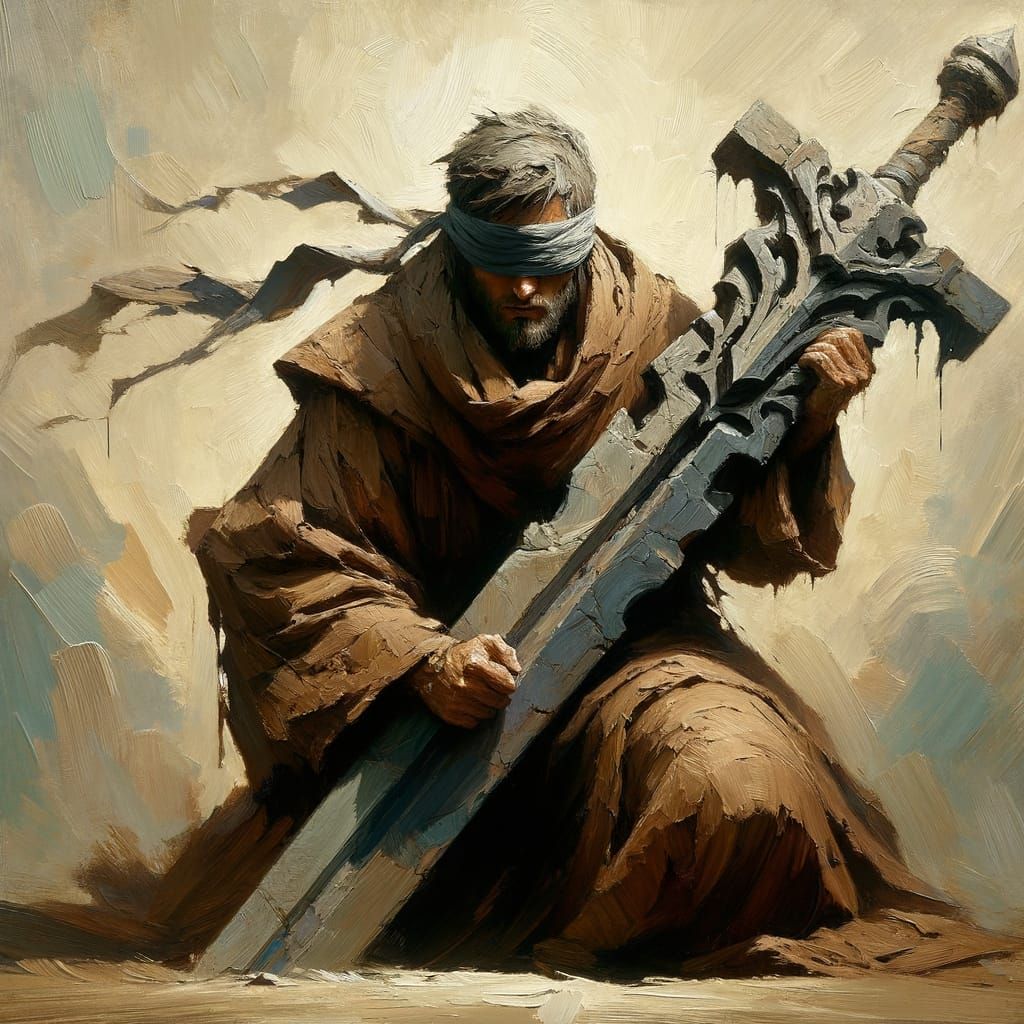 Blindfolded Monk Ready for Battle in Baroque Style