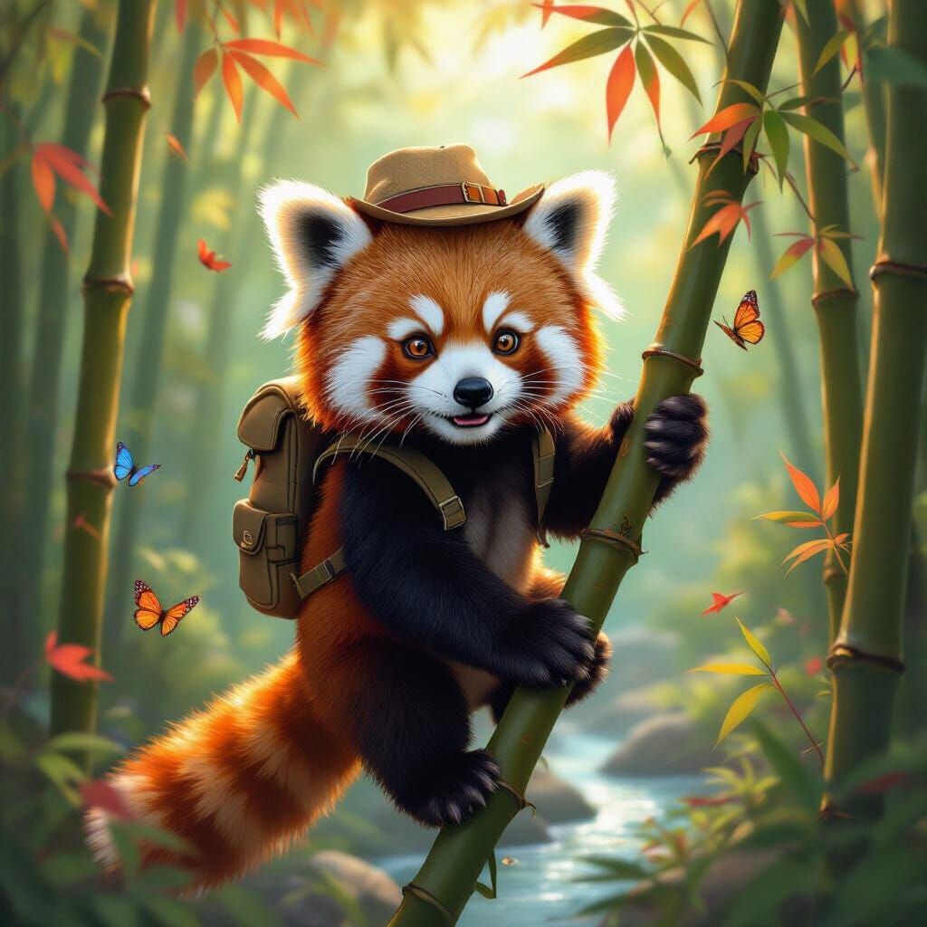 Playful Red Panda Explorer in Bamboo Jungle